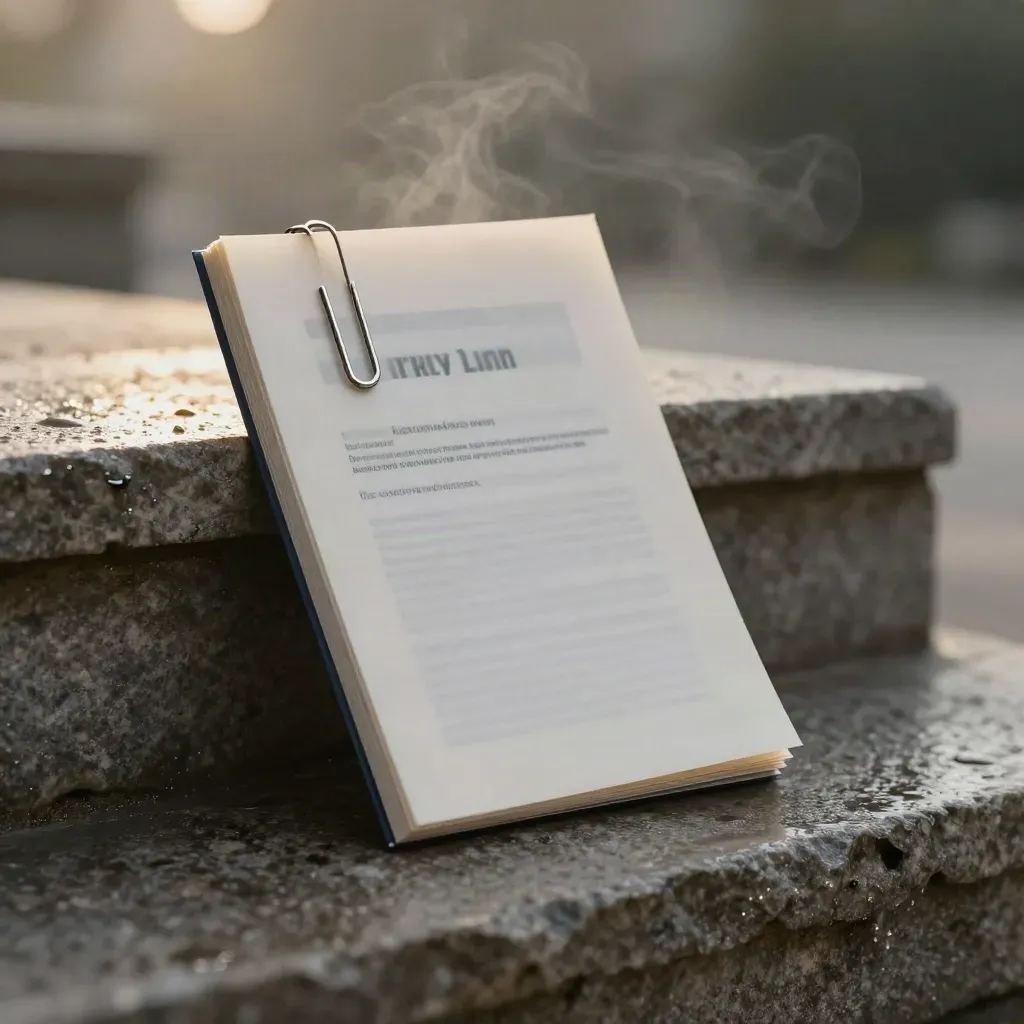 Prior-art dossier on a wet stone ledge with mist, frosted sleeves, and a silver clip.