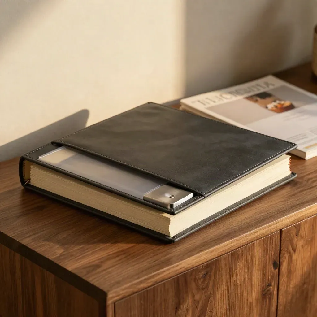 Half-open audit binder with dividers, silver paperweight, and blurred backing card on walnut.