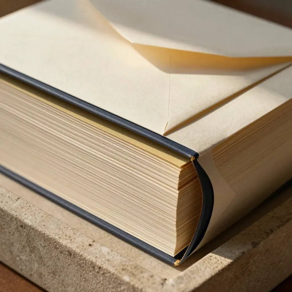Macro side view of a pale archival PCT pack with layered paper edges and a cream envelope.