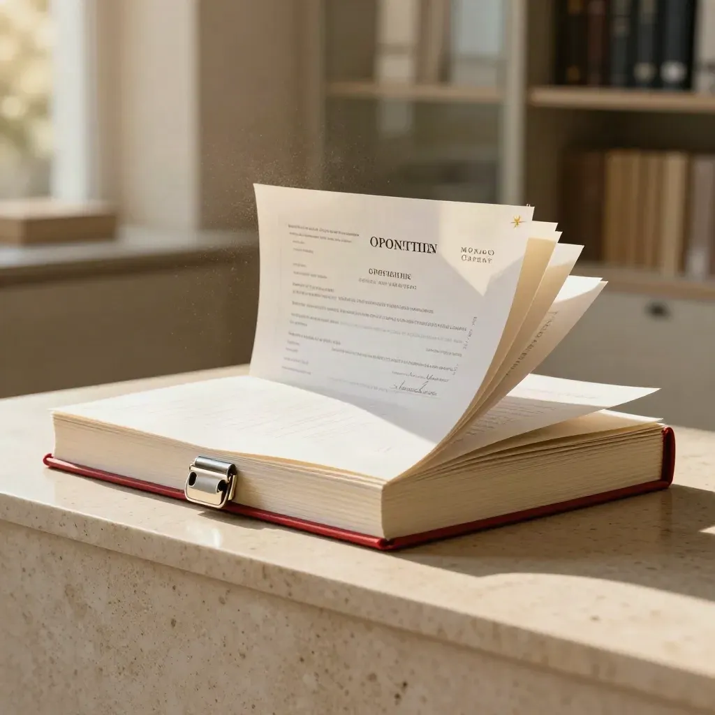 Open ivory opposition case with silver clasp on travertine, softly lit in a legal archive