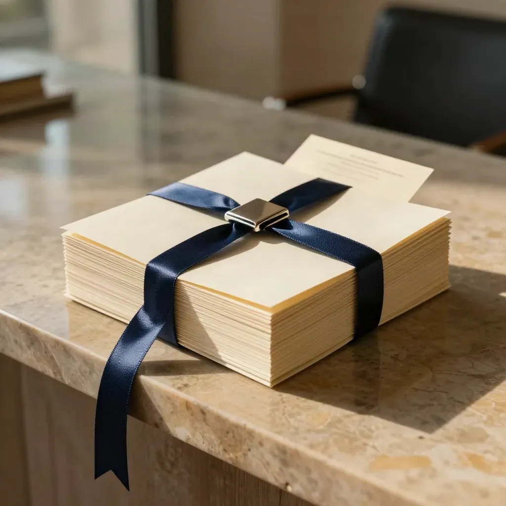 Cream memo bundle with silver clip and navy ribbon on warm limestone